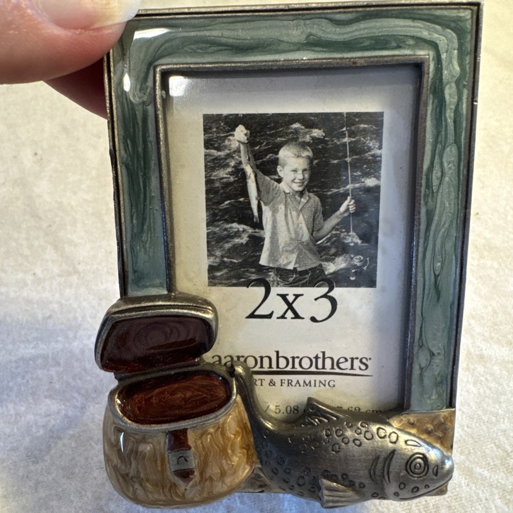 Fishing Themed Enamel On Metal Picture Photo Frame 2x3"Lake Life Fish Desk Type